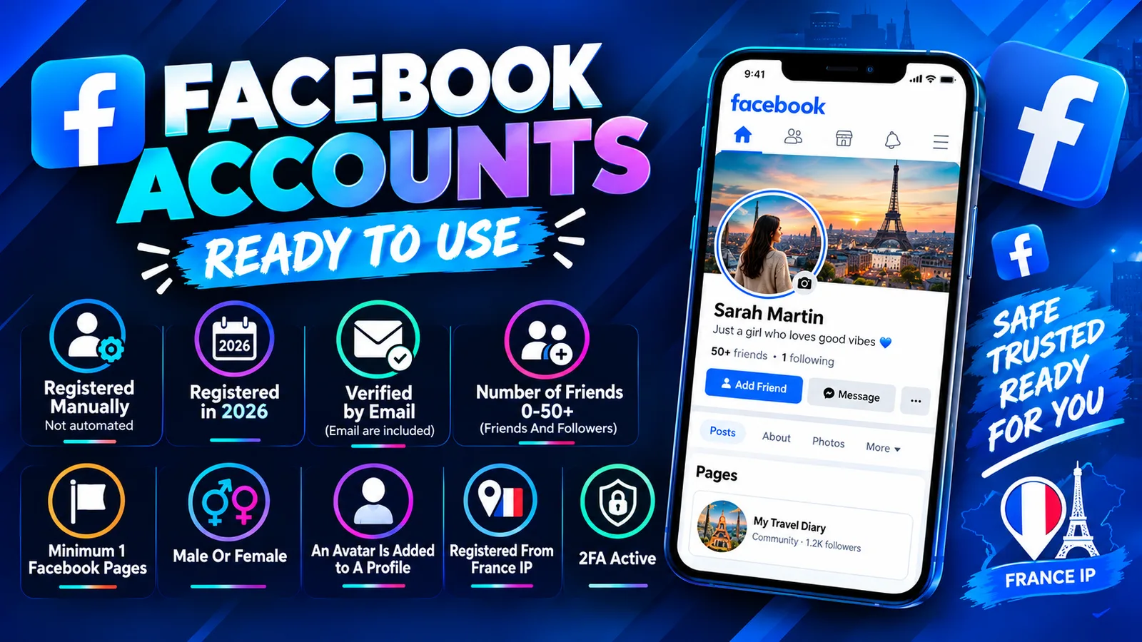 ✅ France Facebook 2026 With Facebook Page ✅ 0- 50+ Friends ✅