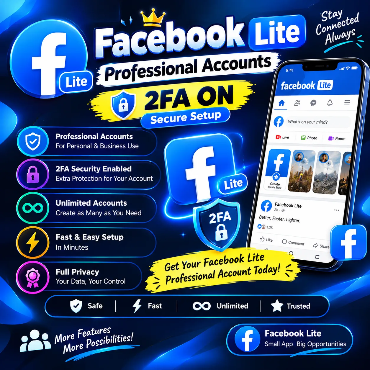Facebook Lite Professional Accounts | 2FA Enabled & Secure Setup