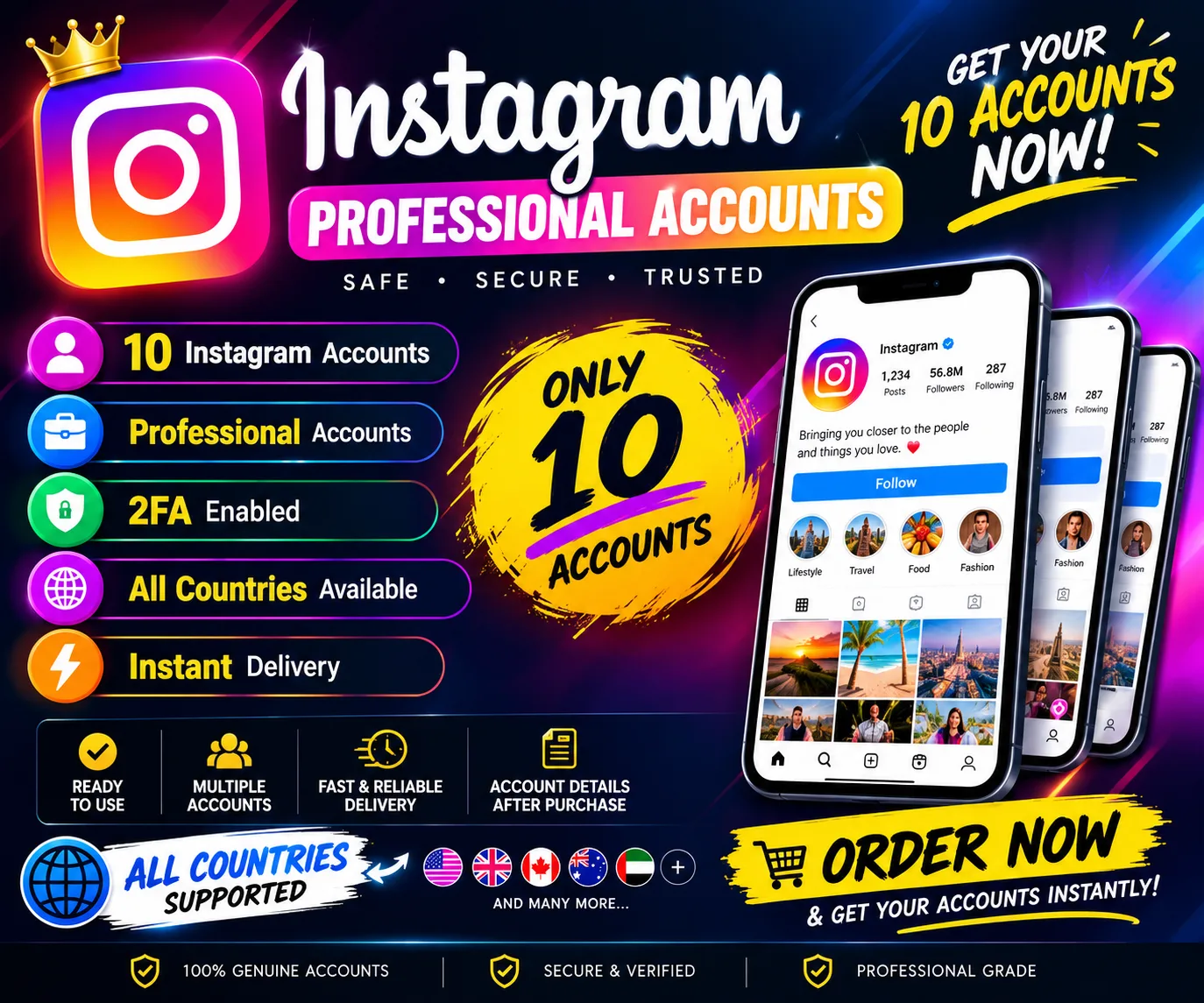 Instagram Professional Accounts – 10 Accounts | 2FA Enabled | All Countries